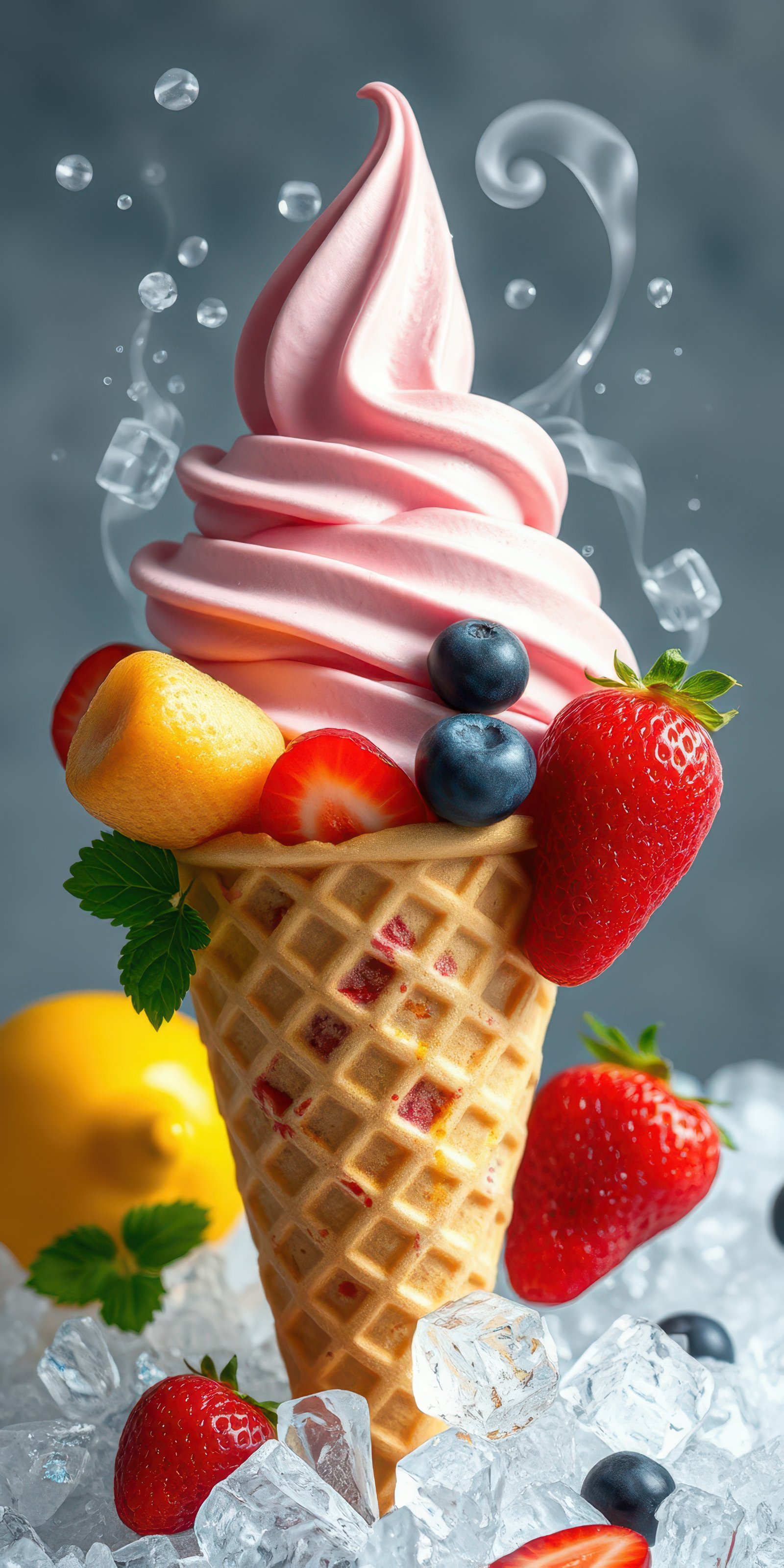 Delicious ice cream cone topped with swirls of creamy soft serve and fresh fruit in a vibrant presentation